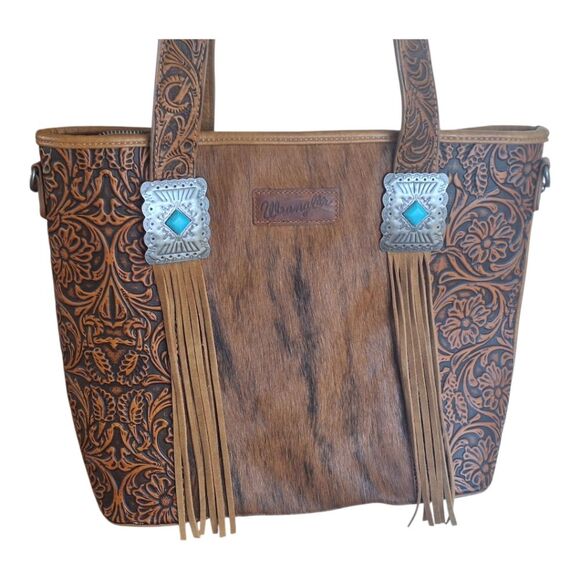 Wrangler Concealed Carry Tote Hair-on Cowhide Fringe Tooled Crossbody Bag Purse - Picture 5 of 16